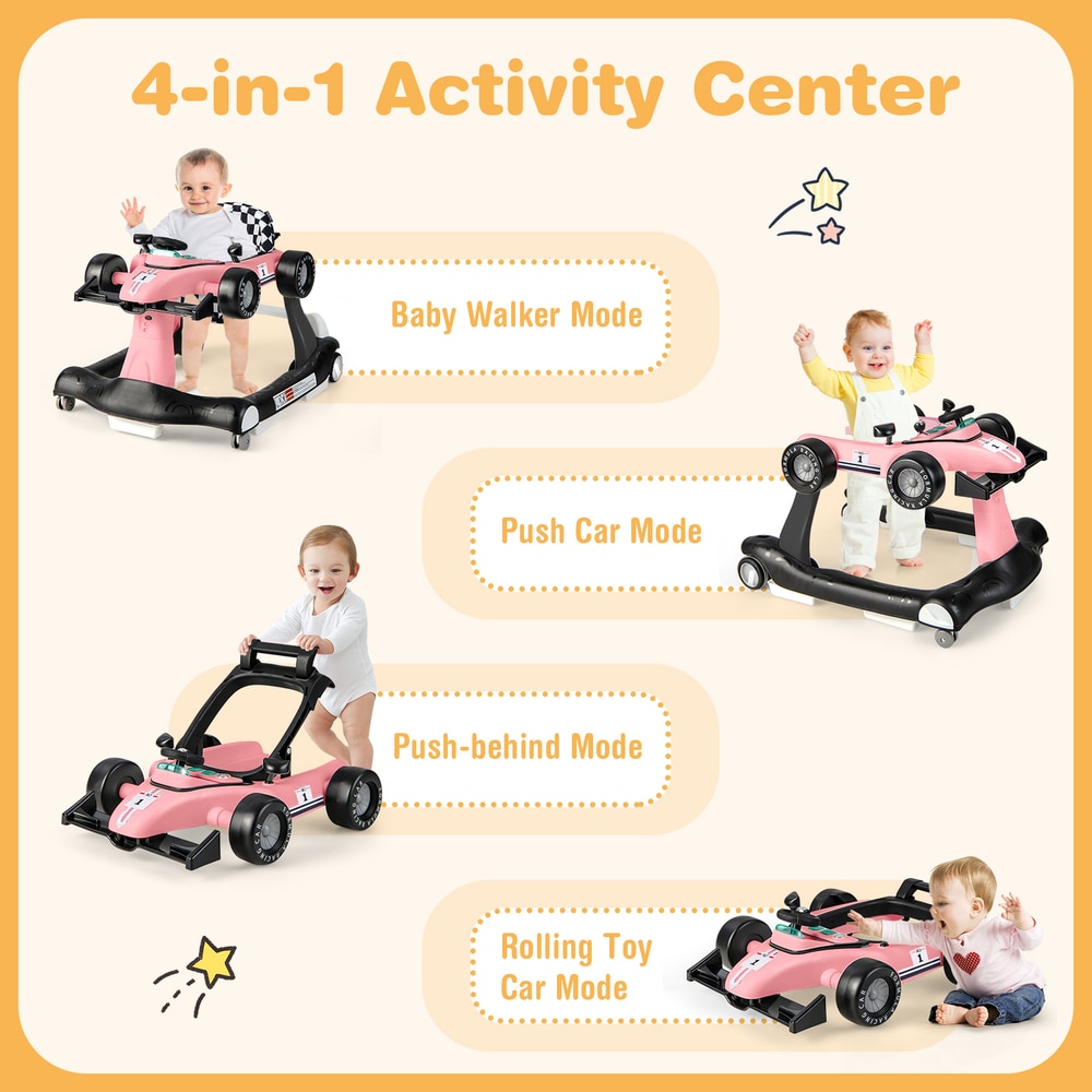 The baby walker shown in four distinct modes including walker, push car, push-behind and toy car