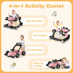 The baby walker shown in four distinct modes including walker, push car, push-behind and toy car