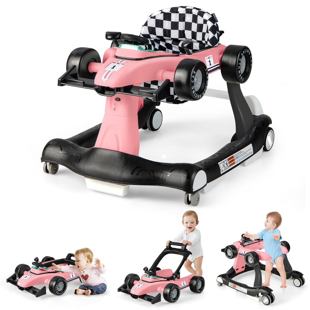 The baby walker shown in its full assembly alongside three smaller versions with children using them