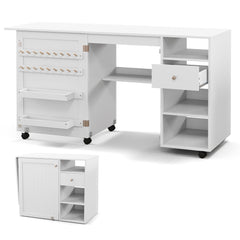 Folding Sewing Table with Storage Shelves and Trays-White