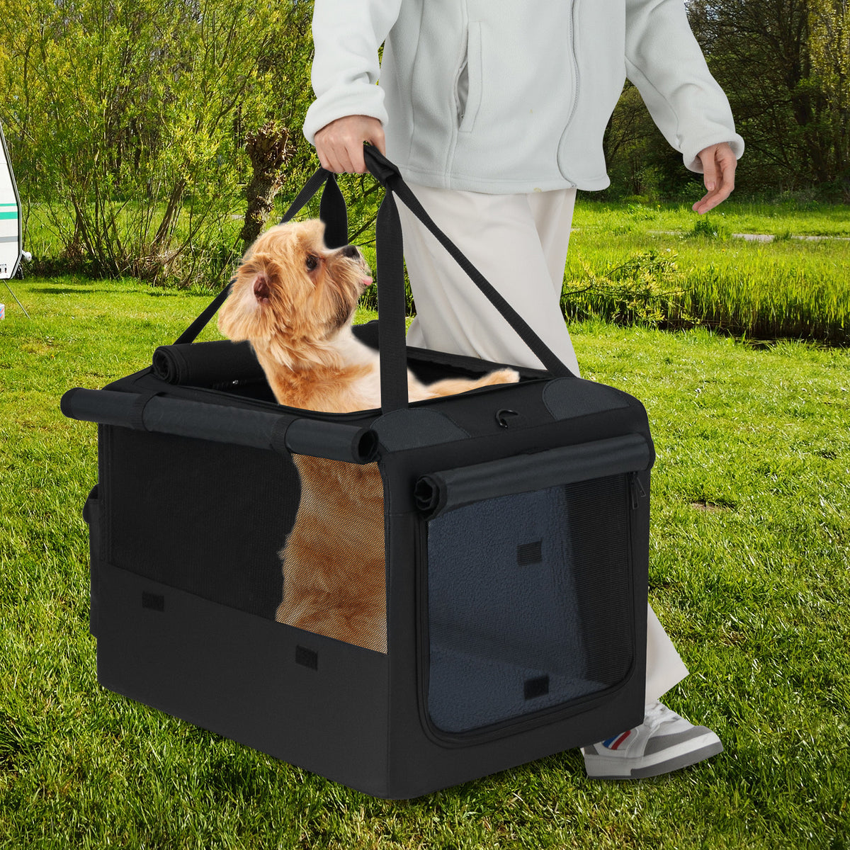 Foldable Dog Crate with Openings and Window Mesh Inner Basket-S