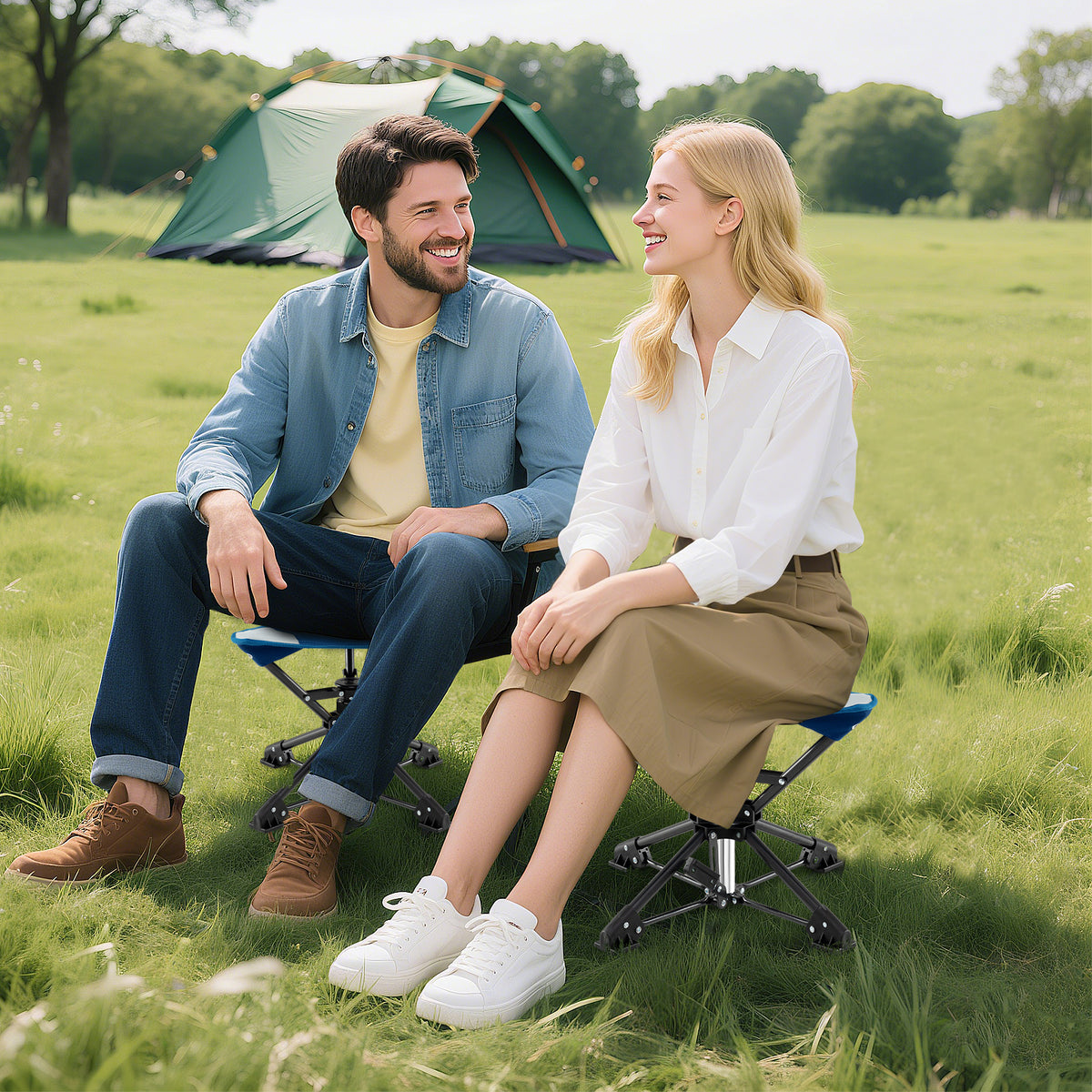 Folding Swivel Camping Hunting Stools with Anti-Sink Feet and Carry Bag-Blue