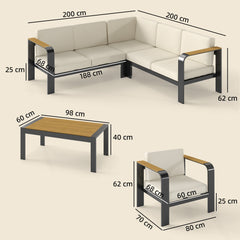 Outsunny 3 Pieces Garden Furniture Set with L-Shaped Sofa, Armchair and Coffee Table, Aluminium Garden Corner Sofa Set