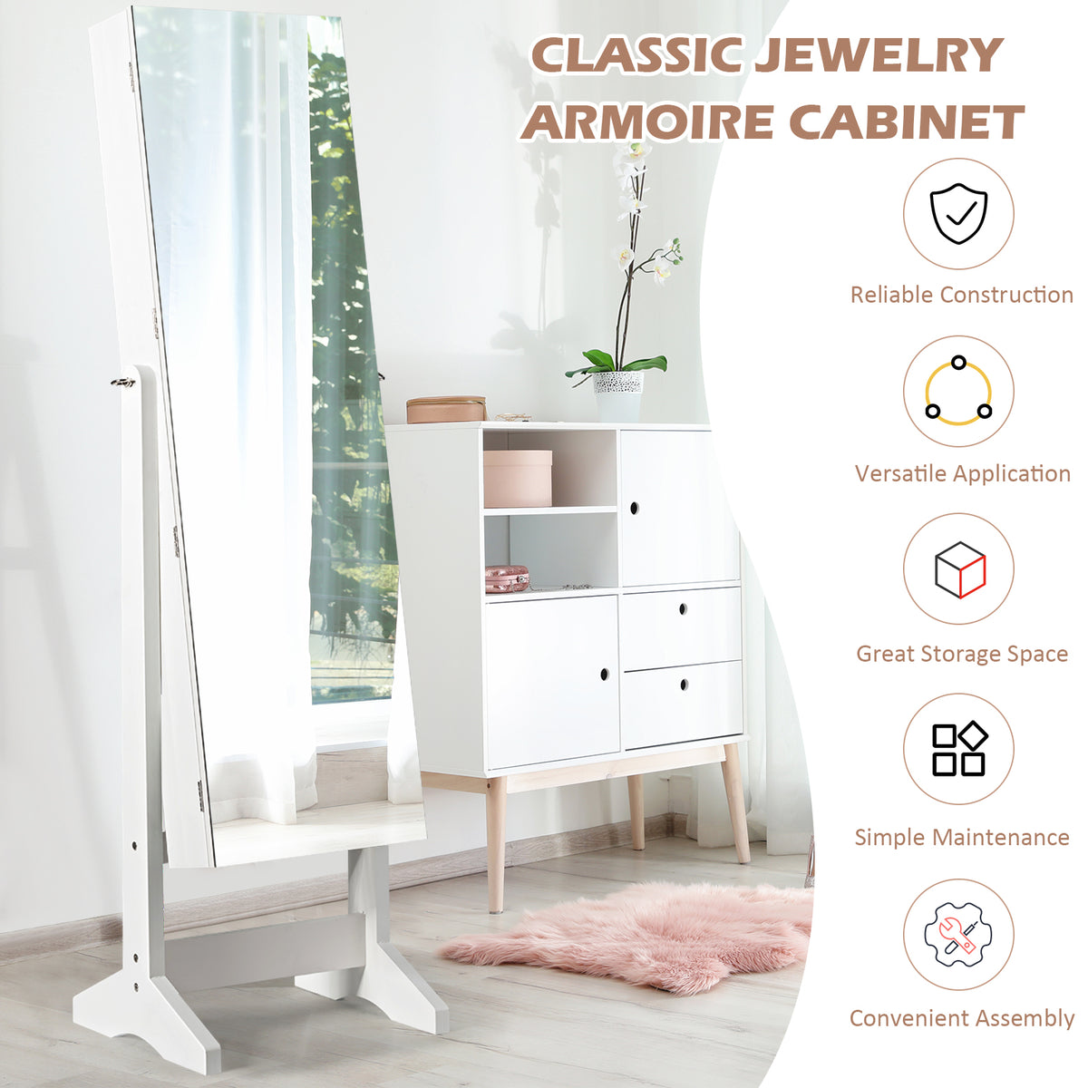 Free Standing Jewelry Cabinet with Full-Length Mirror-White