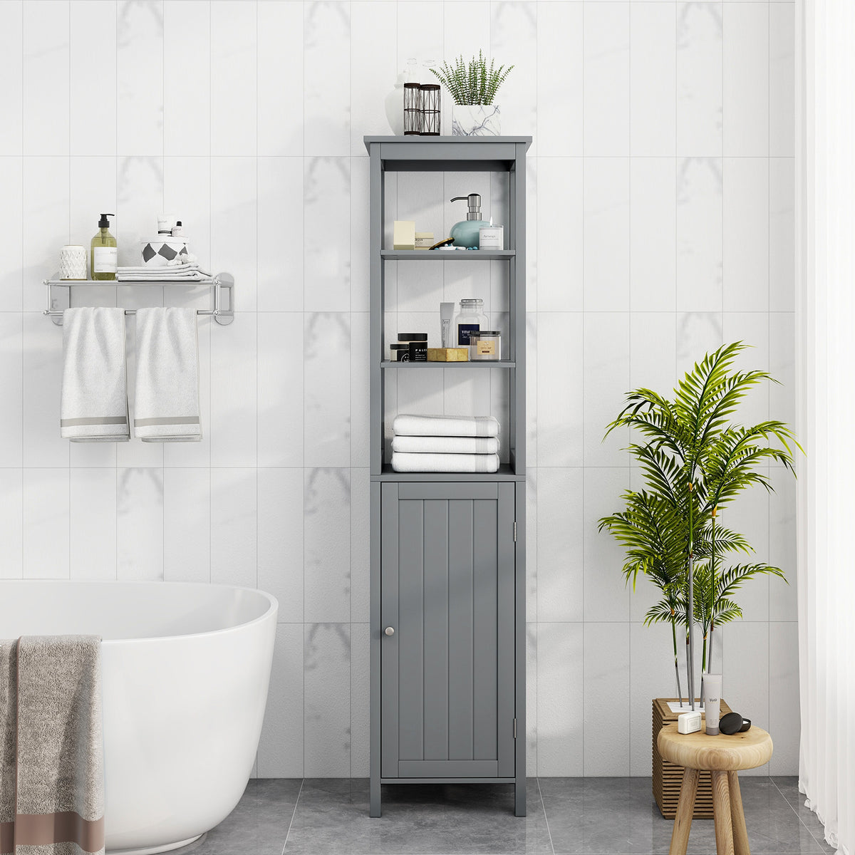 Freestanding Floor Cabinet with 3-Position Middle Panel and Anti-Toppling Mechanism-Grey