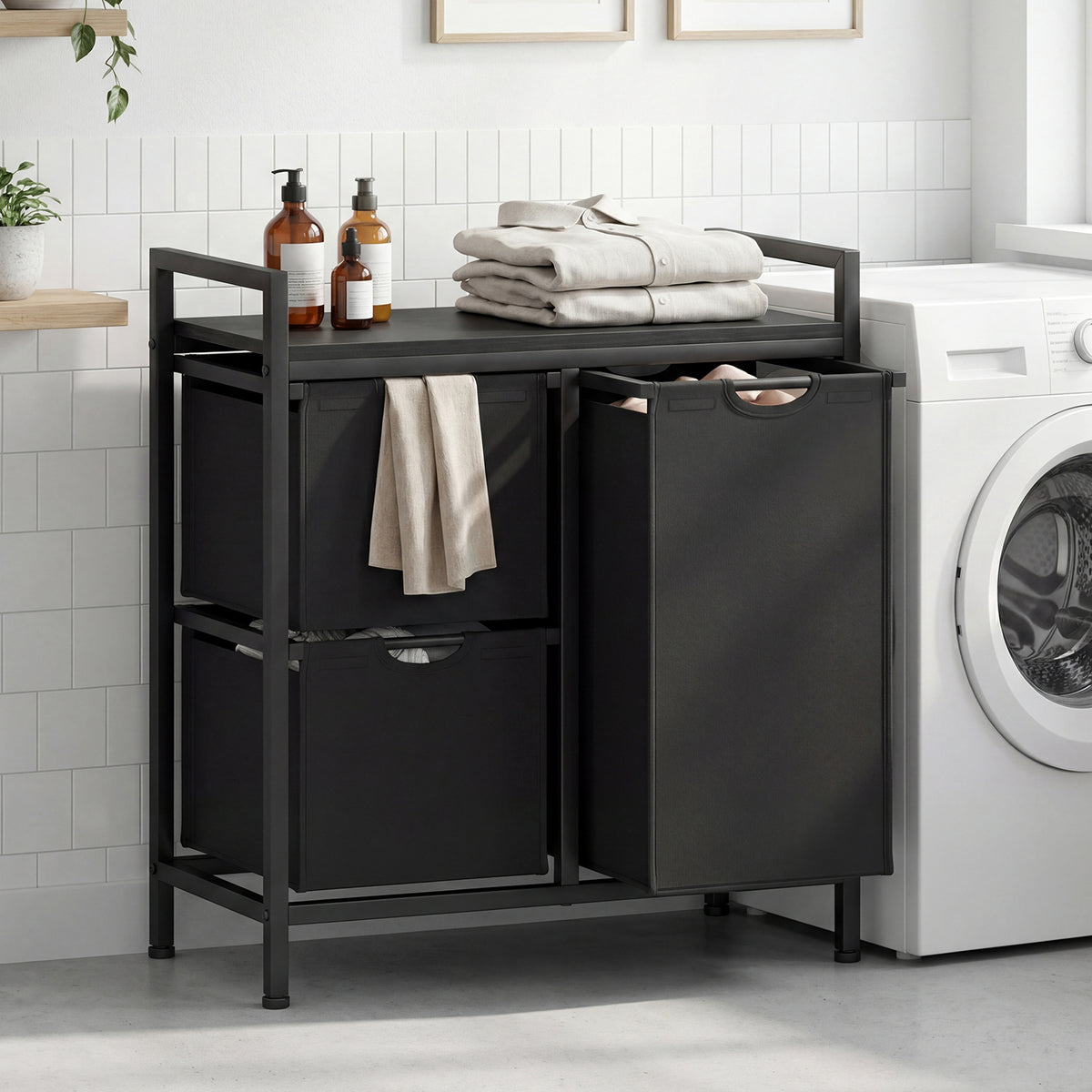 Freestanding Laundry Hamper Laundry Basket with 3 Pull-Out Bags-DarkBlack