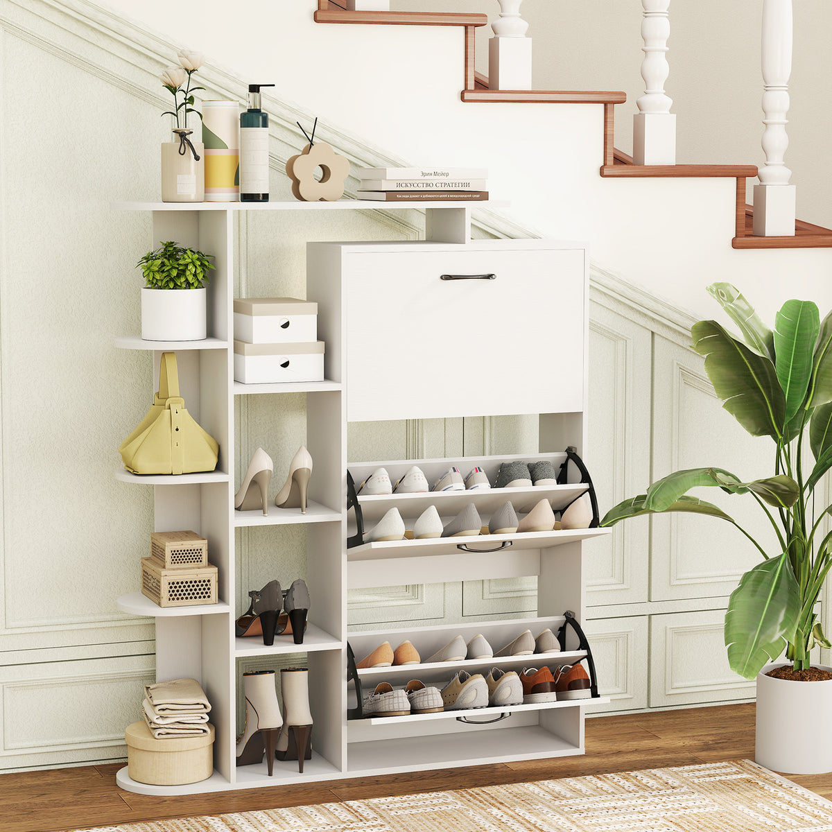 Freestanding Shoe Organizer with 3 Flip Drawers and 8 Adjustable Drawer Shelves-White