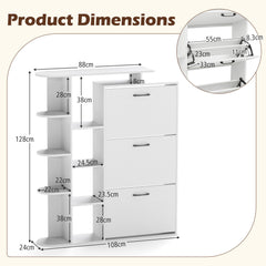 Freestanding Shoe Organizer with 3 Flip Drawers and 8 Adjustable Drawer Shelves-White