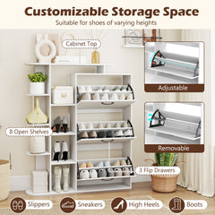 Freestanding Shoe Organizer with 3 Flip Drawers and 8 Adjustable Drawer Shelves-White