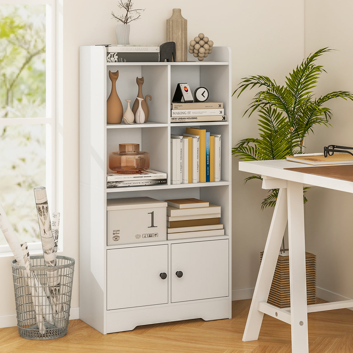 Freestanding Bookcase with 2 Storage Cabinets and 5 Cubbies-White