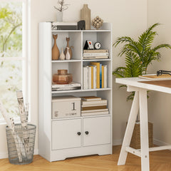 Freestanding Bookcase with 2 Storage Cabinets and 5 Cubbies-White