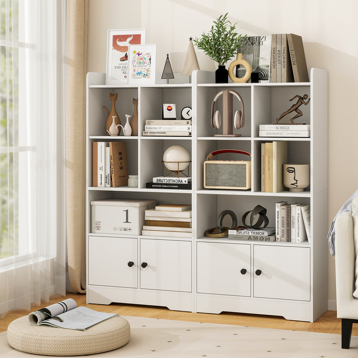 Freestanding Bookcase with 2 Storage Cabinets and 5 Cubbies-White
