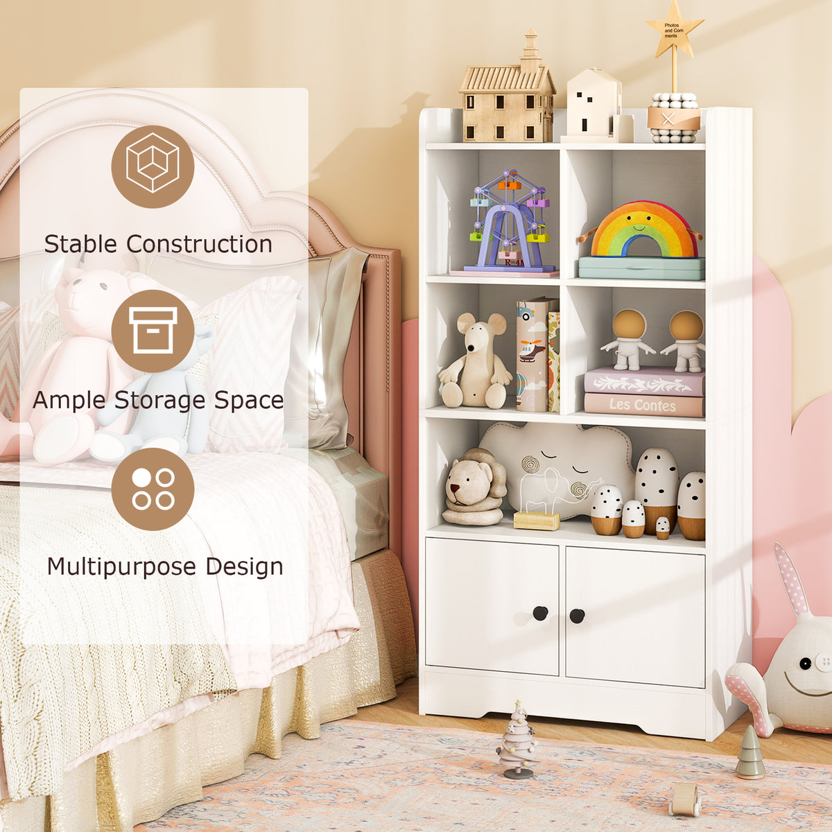 Freestanding Bookcase with 2 Storage Cabinets and 5 Cubbies-White
