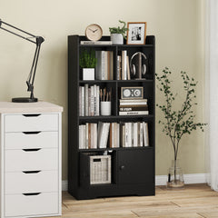 Freestanding Bookcase with 2 Storage Cabinets and 5 Cubbies-Black