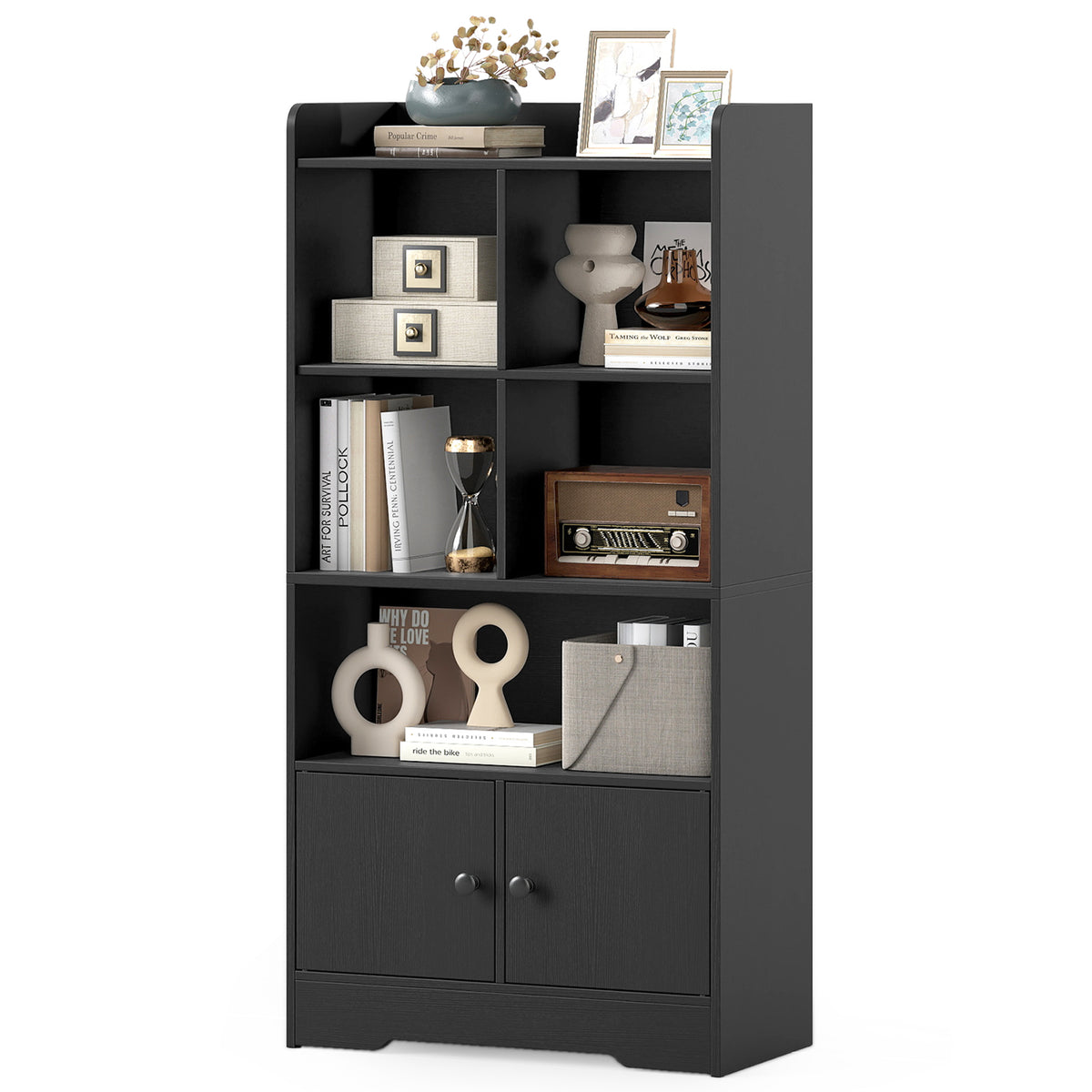 Freestanding Bookcase with 2 Storage Cabinets and 5 Cubbies-Black