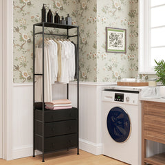 The dresser and chest standing in a laundry room next to a washing machine with folded clothes
