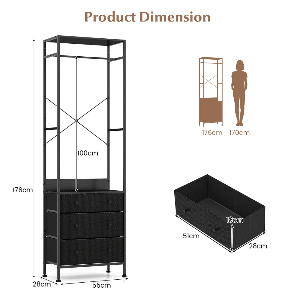 The black clothes rack with technical line drawings showing the unit height and a single drawer