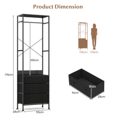 The black clothes rack with technical line drawings showing the unit height and a single drawer
