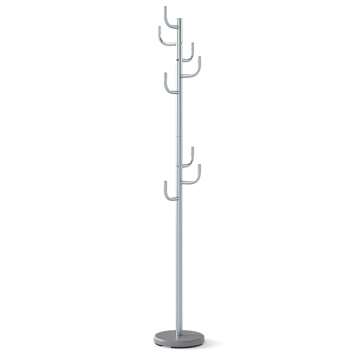 Freestanding Coat Rack with 8 L-Shaped Hooks and 2 Adjustable Heights-Silver