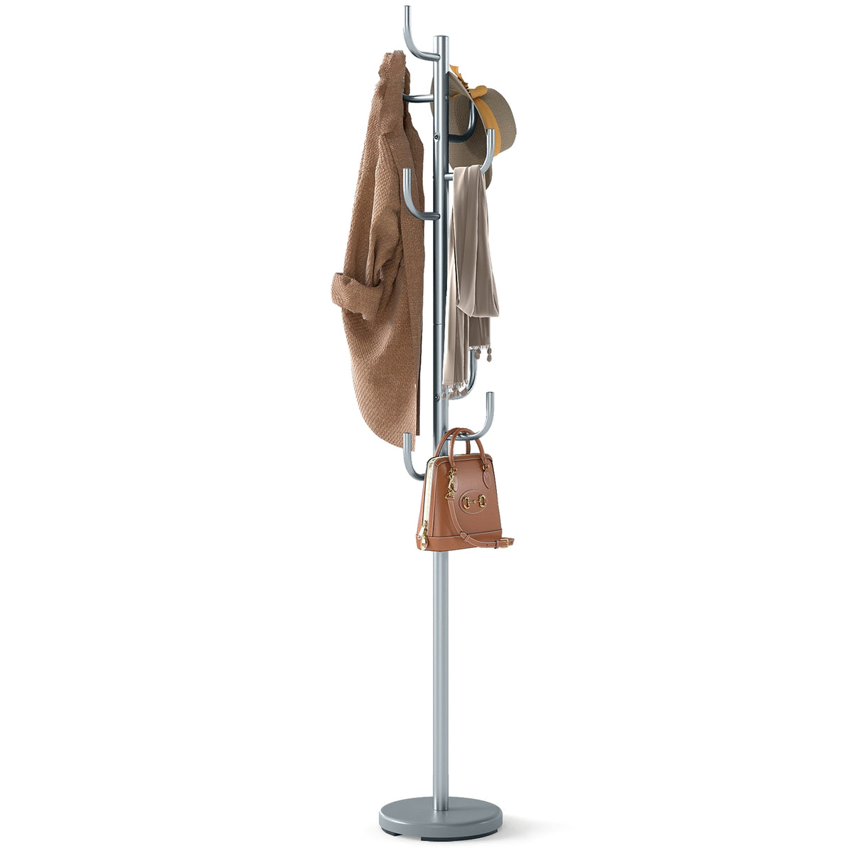 Freestanding Coat Rack with 8 L-Shaped Hooks and 2 Adjustable Heights-Silver