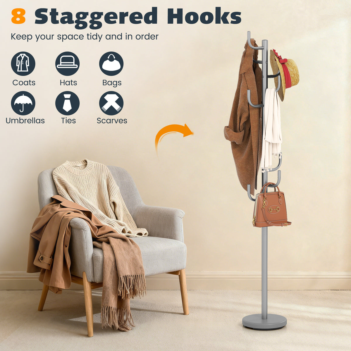 Freestanding Coat Rack with 8 L-Shaped Hooks and 2 Adjustable Heights-Silver