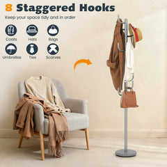 Freestanding Coat Rack with 8 L-Shaped Hooks and 2 Adjustable Heights-Silver