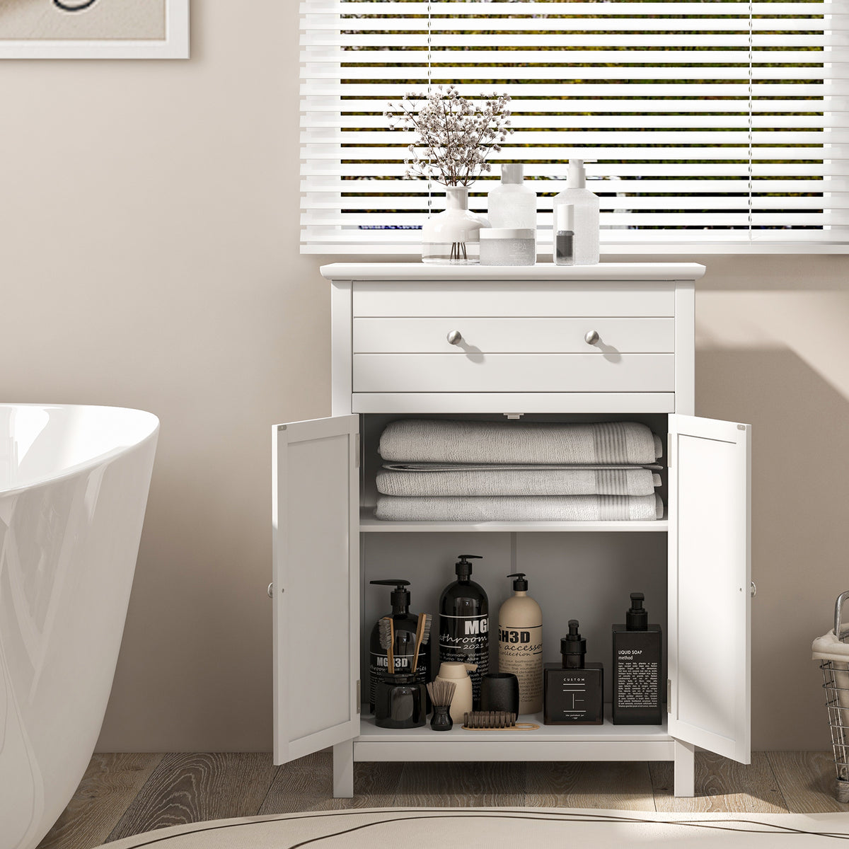 Storage Cabinet with Large Drawer and Adjustable Shelf
