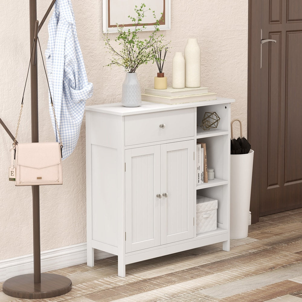 White floor cabinet cupboard storage organizer in a hallway with a coat rack and umbrella stand