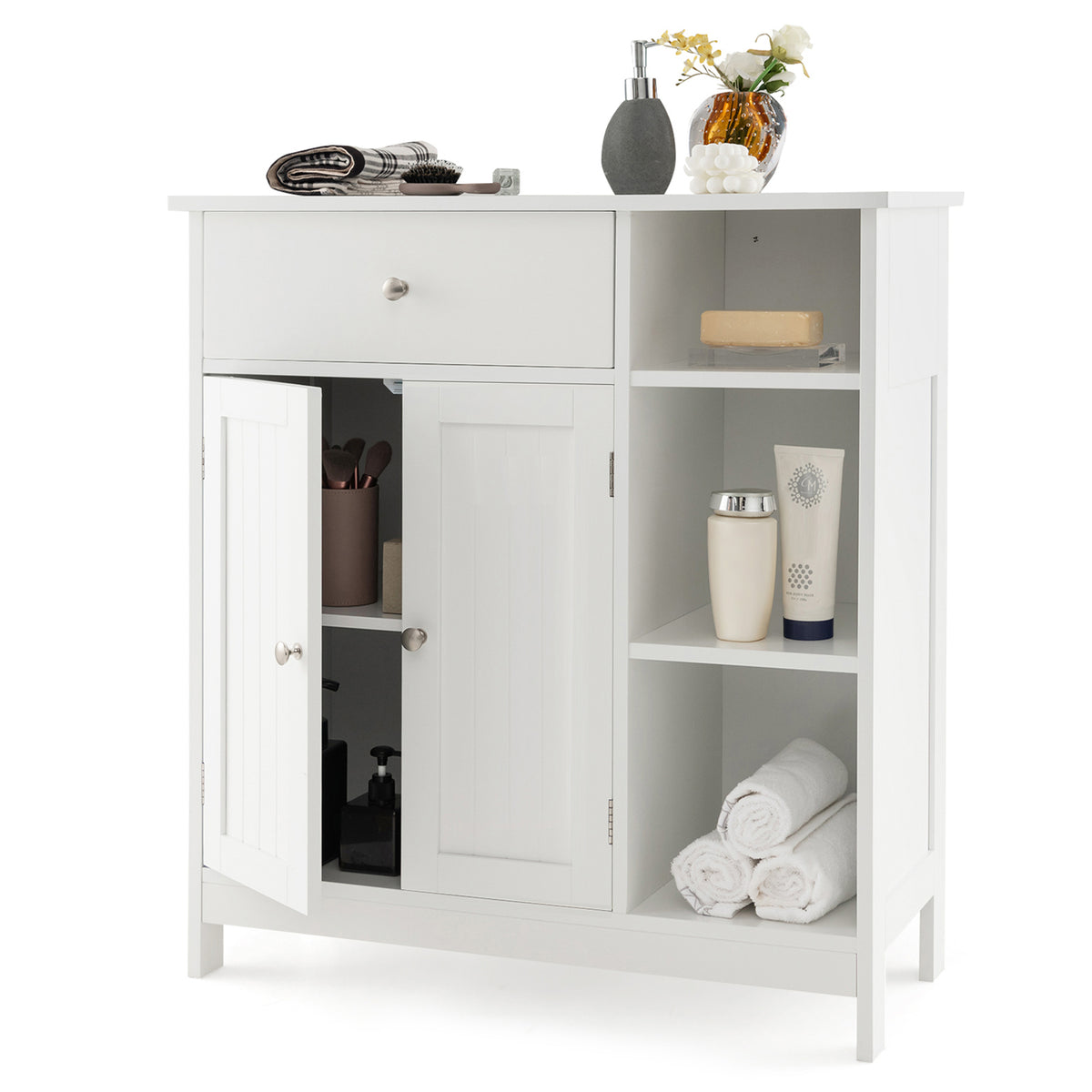 White floor cabinet cupboard storage organizer with one door open showing shelves and a drawer