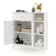 White floor cabinet cupboard storage organizer with both doors open showing interior storage