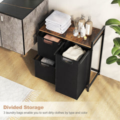 Freestanding Laundry Hamper Laundry Basket with 3 Pull-Out Bags-Black & Brown