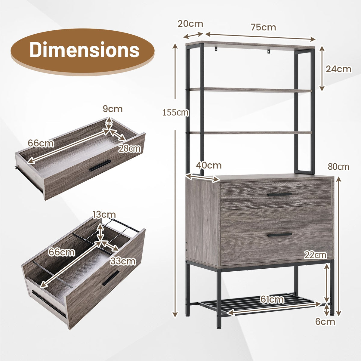 Freestanding Printer Stand with 3-Tier Open Shelves and Large Drawer-Grey
