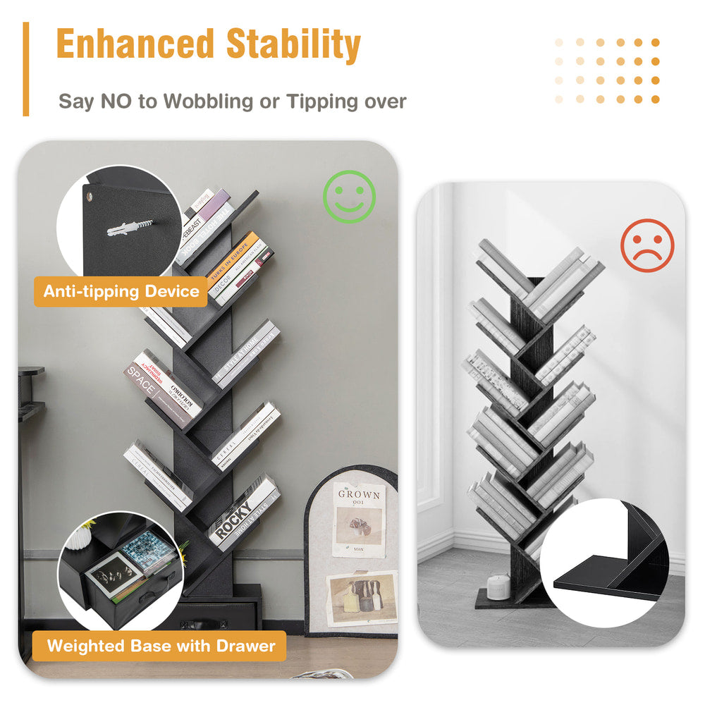 Close up of the black tree bookshelf showing stability features and the drawer