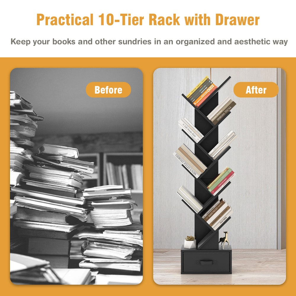 Before and after comparison of a messy pile of books versus the organised tree bookshelf