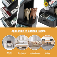Collage showing the black tree bookshelf in a study, bedroom, living room and office