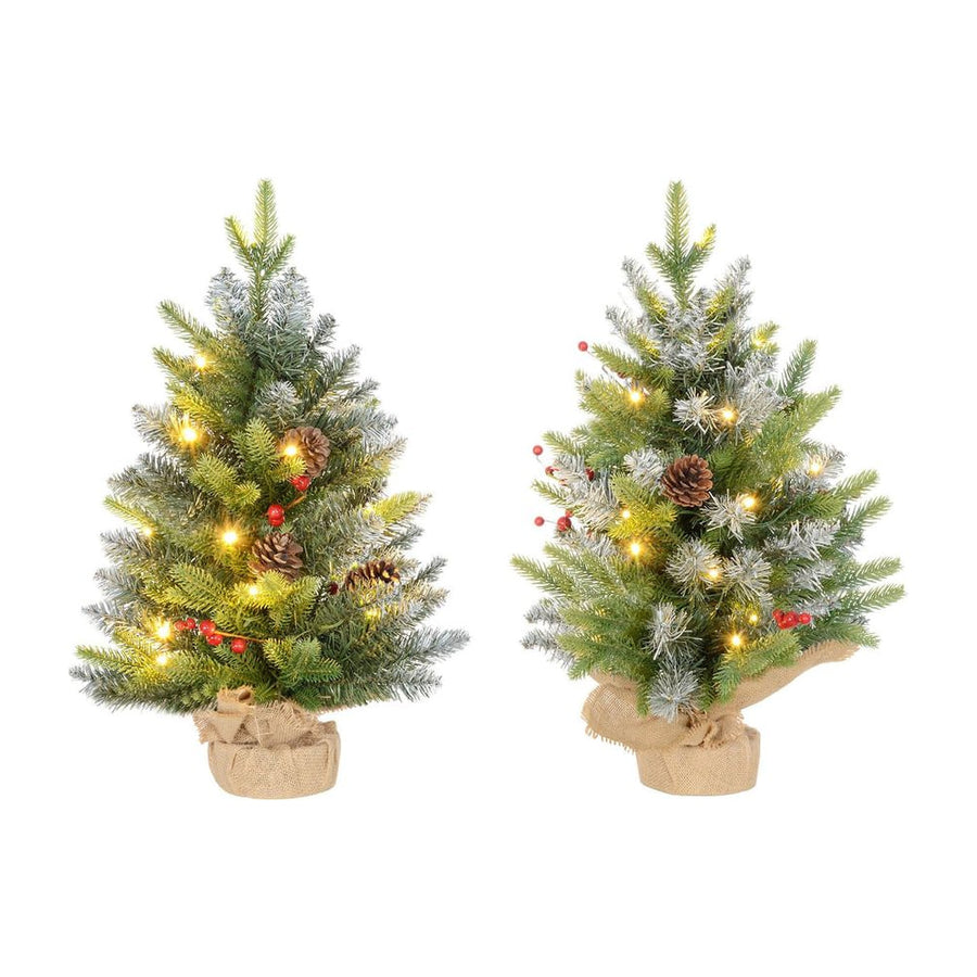 HOMCOM Set of Two 2ft Christmas Trees, with Lights, Berries and Pinecones
