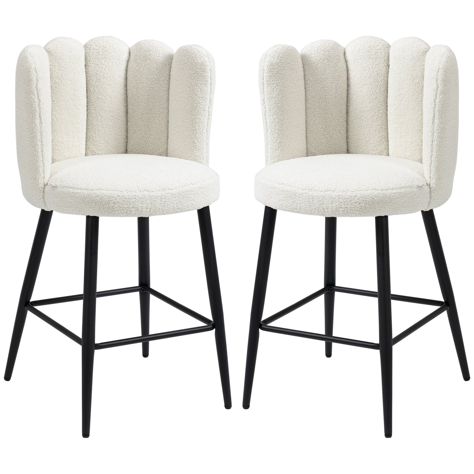 HOMCOM Bar Stools Set of 2, Faux Cashmere Upholstered Breakfast Bar Chairs, Modern Kitchen Stools with Backs, Footrest and Steel Base, Cream