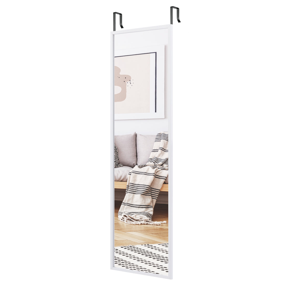 Full Length Wall-Mounted Mirror with Height Adjusting Hooks-White