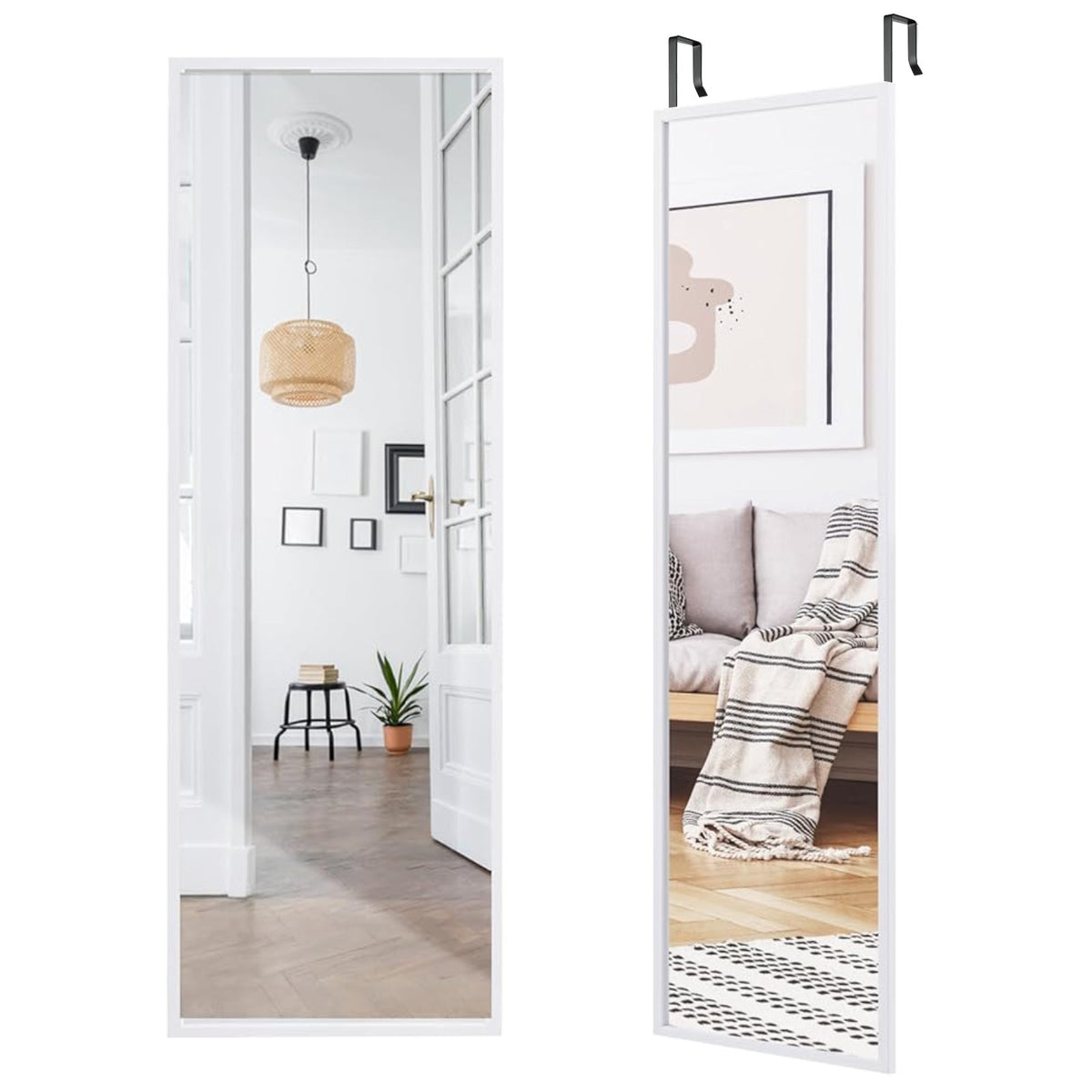 Full Length Wall-Mounted Mirror with Height Adjusting Hooks-White