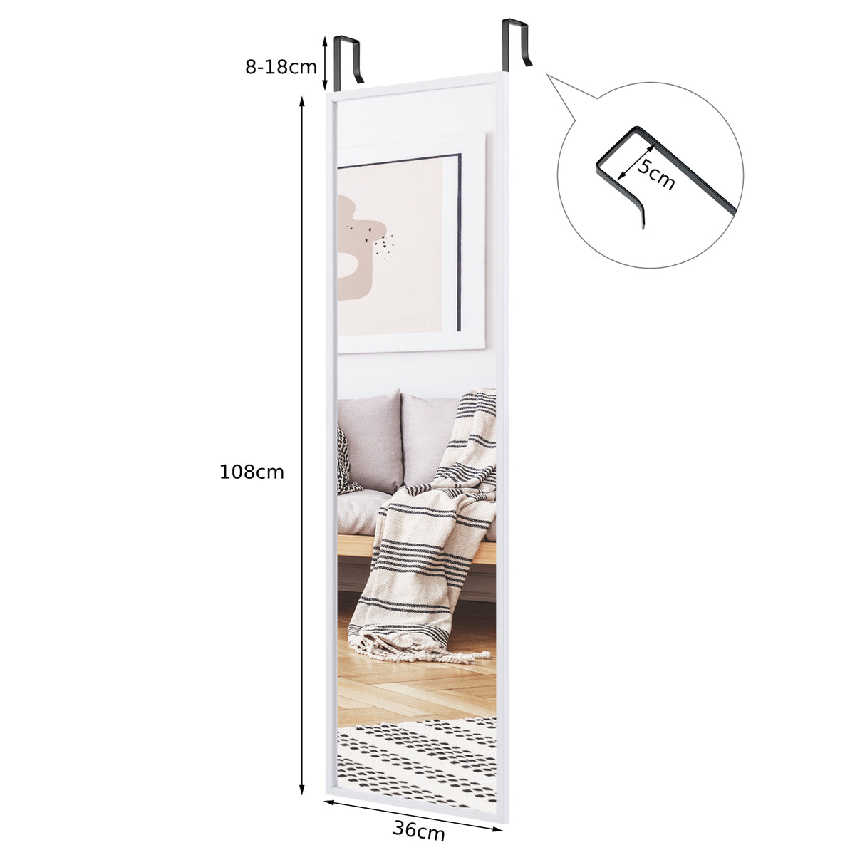 Full Length Wall-Mounted Mirror with Height Adjusting Hooks-White