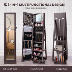 Full Length Mirrored Jewellery Cabinet Rotates 360° with Display Shelves-Coffee