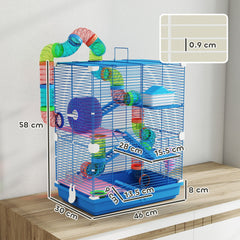 PawHut 5 Tier Hamster Cage Carrier Habitat w/ Exercise Wheels, Tunnel, Blue