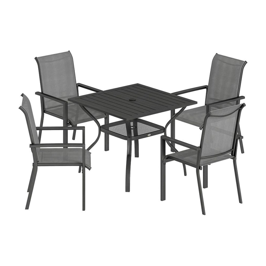 Outsunny 5 Pieces Outdoor Dining Set for 4, Garden Table and Stackable Chairs with Breathable Mesh Seat and Parasol Hole