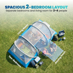 Outsunny Inflatable Tent 2 Bedroom 3000mm Waterproof Windproof Air Tent with Carry Bag for 2-4 Person