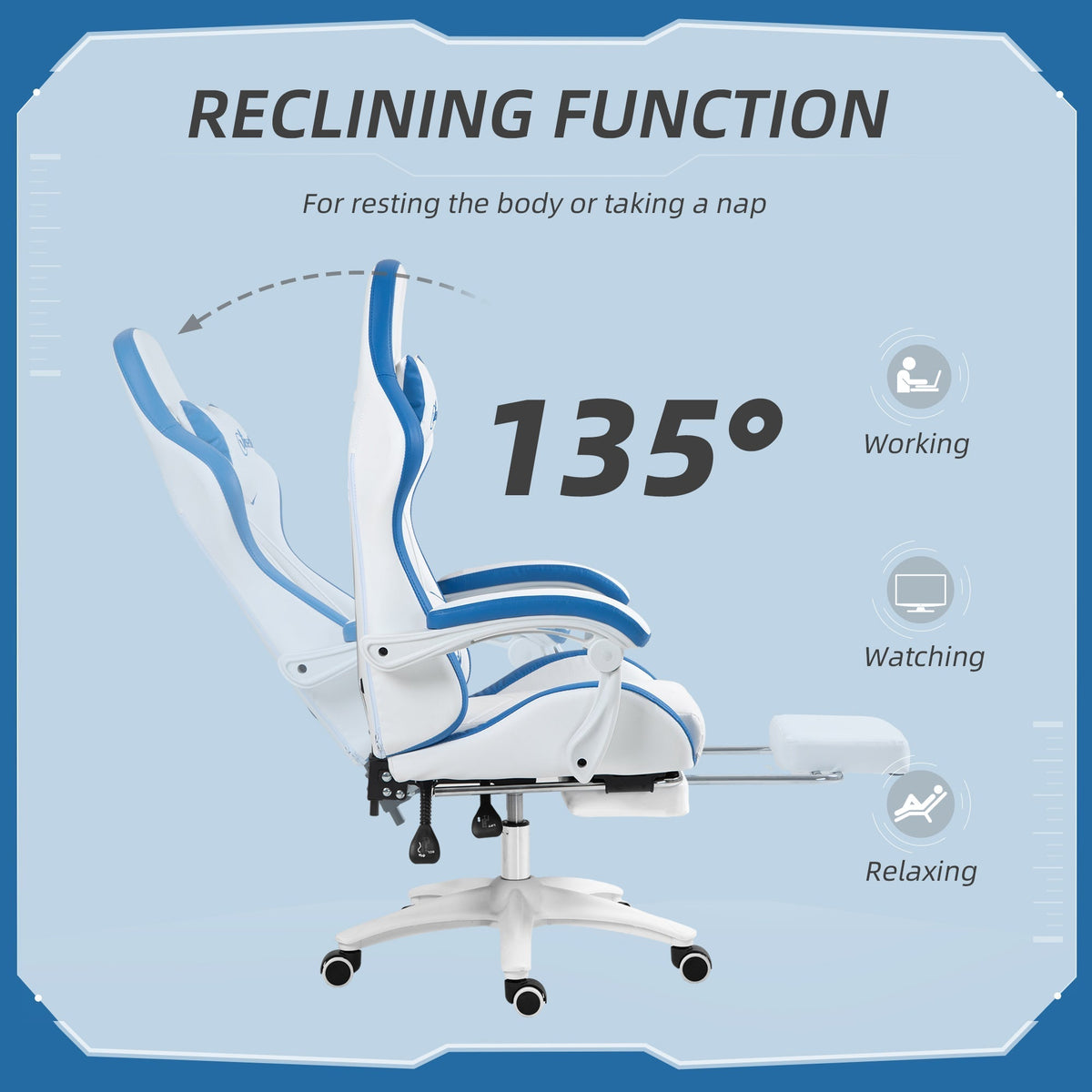 Vinsetto Computer Gaming Chair, PU Leather Office Desk Chair with Footrest, Swivel Wheels, 135 Reclining Back, Lumbar Support, Headrest for Home, White and Blue