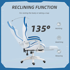 Vinsetto Computer Gaming Chair, PU Leather Office Desk Chair with Footrest, Swivel Wheels, 135 Reclining Back, Lumbar Support, Headrest for Home, White and Blue