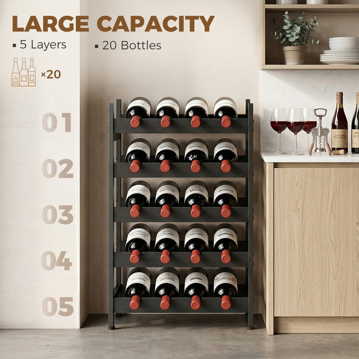 HOMCOM Wine Rack Freestanding Industrial Liquor Cabinet 5-Tier 20 Bottles Bar Stand with Adjustable Feet, Black