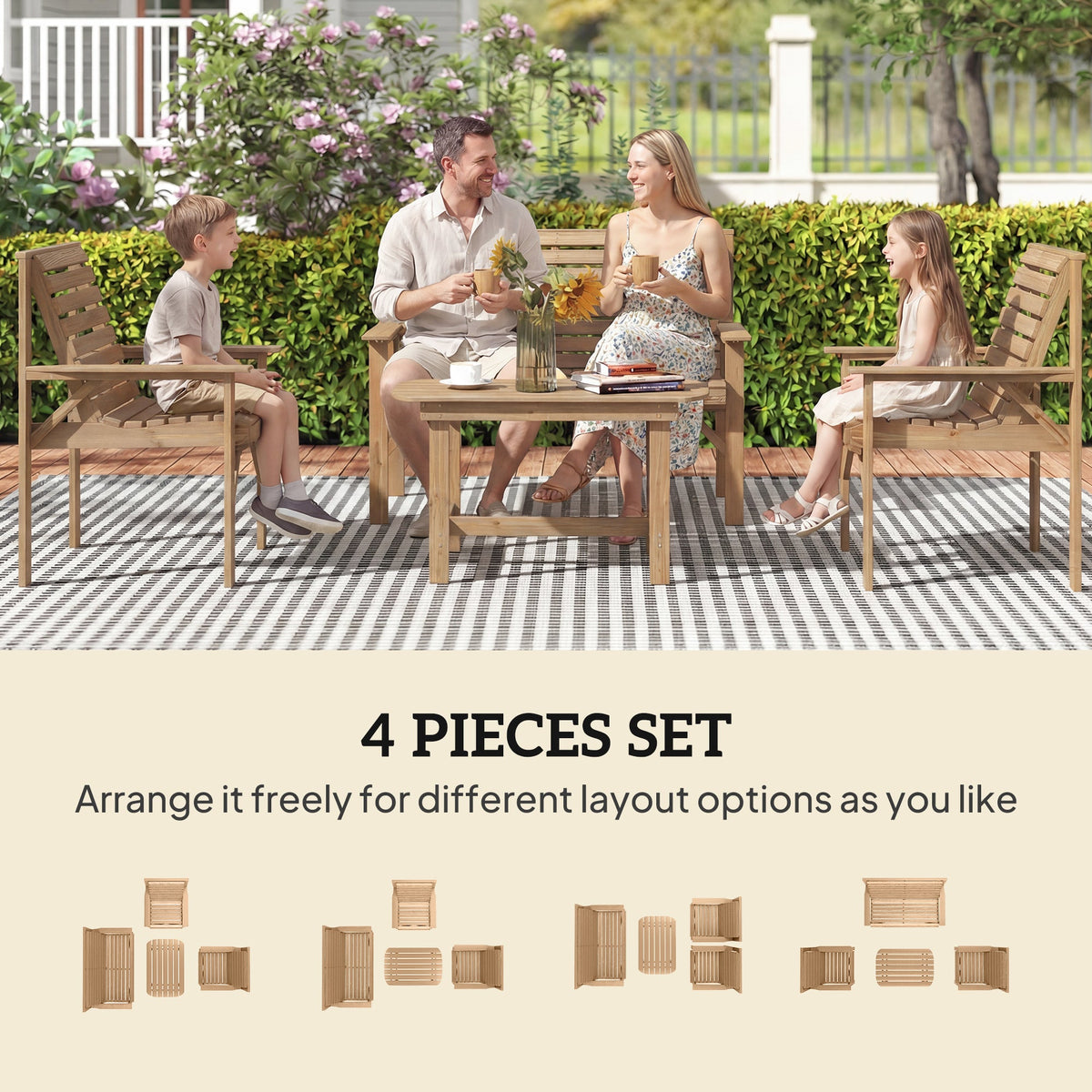 Outsunny 4 Piece Wooden Garden Furniture Set, Outdoor Garden Sofa Set with 2 Armchairs, Loveseat and Coffee Table, Natural Wood