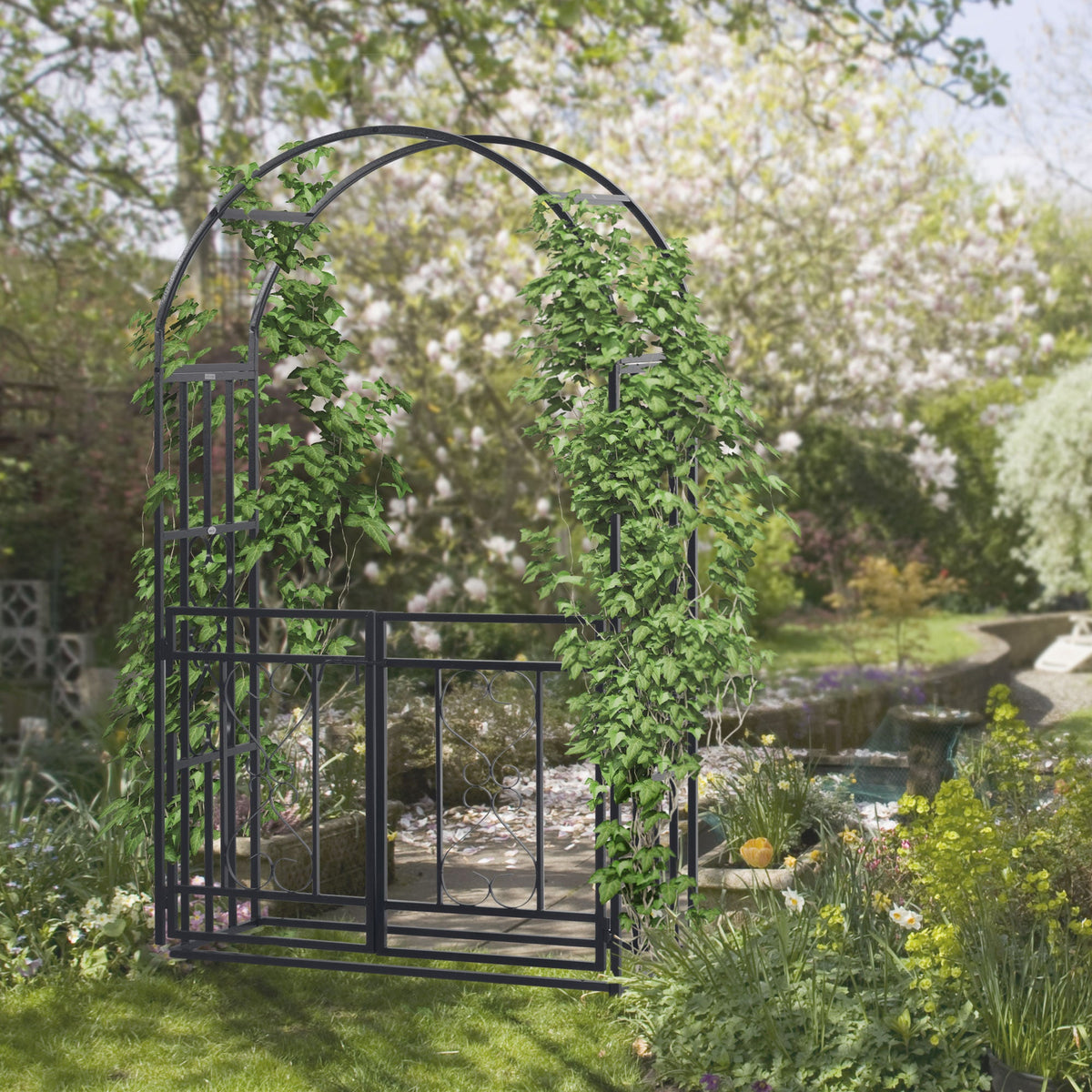 Outsunny Outdoor Garden Arch with Double Gates in Dark Grey