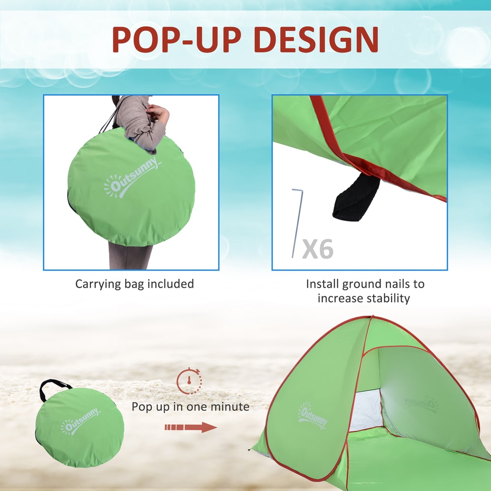 The beach shelter showing the carry bag and instructions for quick assembly and pegging